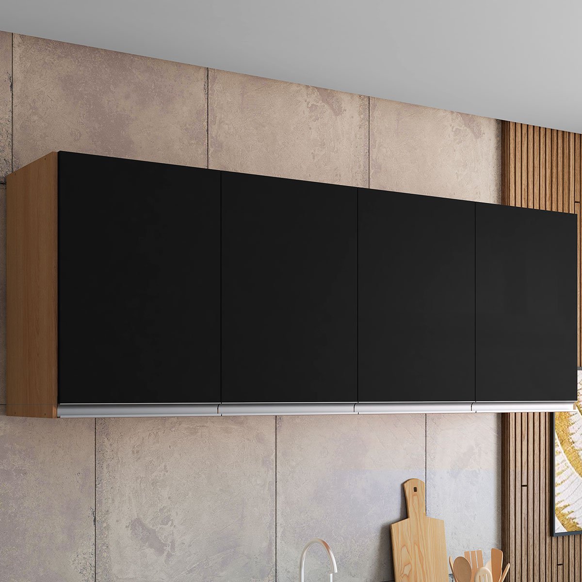 Armário Aéreo Cozinha Adriana 4 Portas 160 cm Amêndoa/Preto