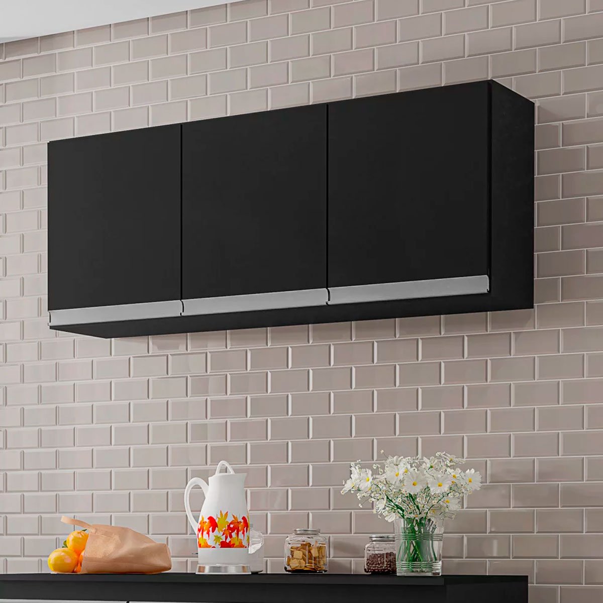 Armário Aéreo Para Cozinha Adriana 3 Portas 120 cm Preto