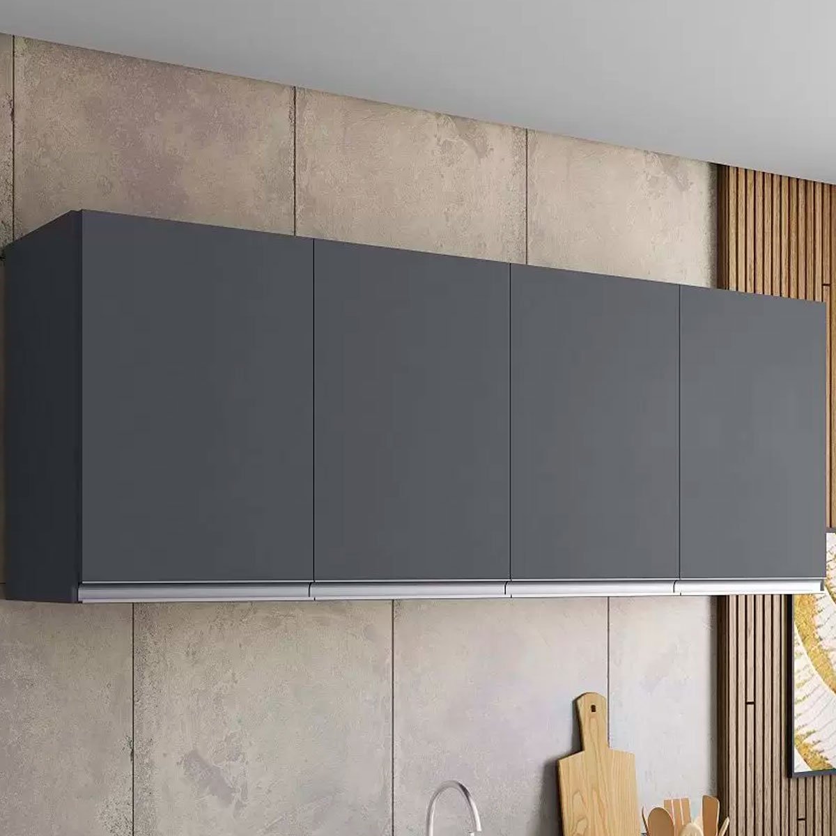 Armário Aéreo Para Cozinha Adriana 4 Portas 150 cm Cinza