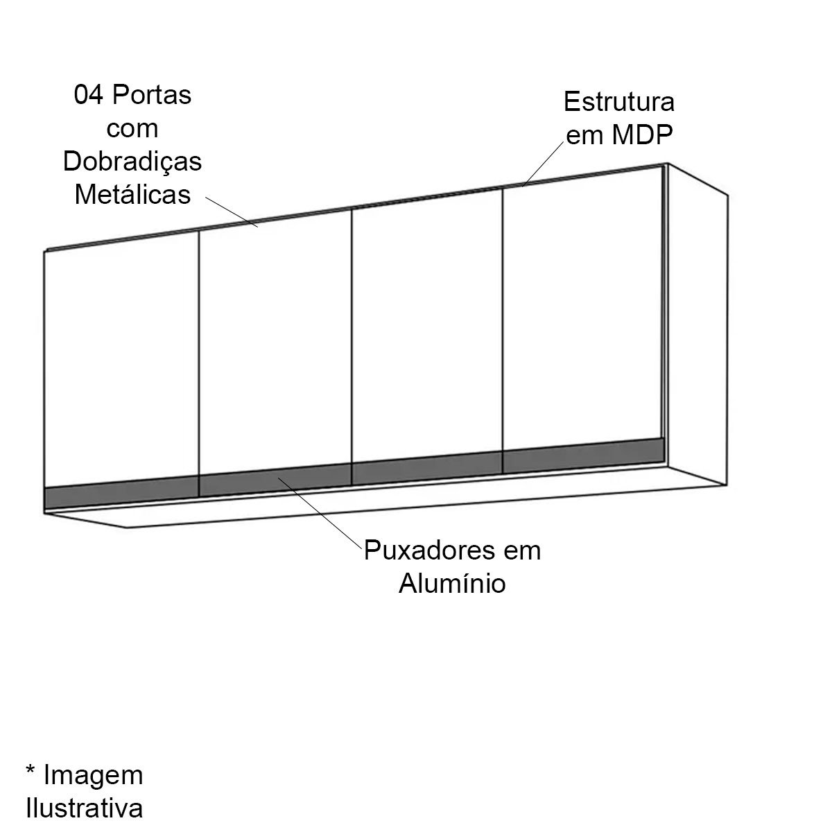 Armário Aéreo Para Cozinha Adriana 4 Portas 160 cm Branco