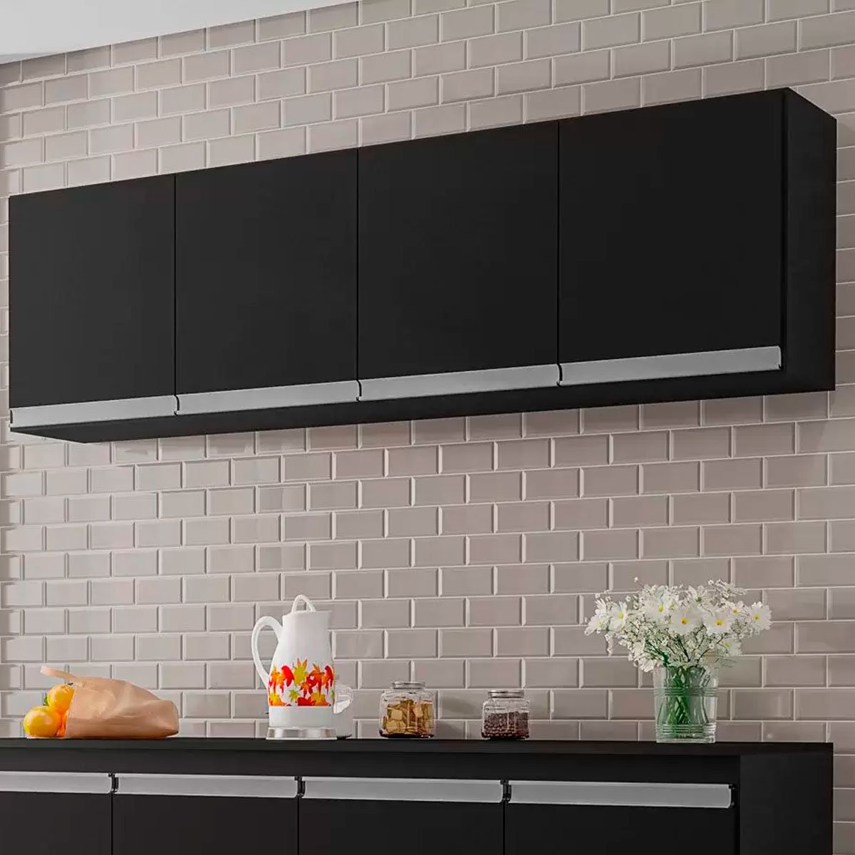 Armário Aéreo Para Cozinha Adriana 4 Portas 160 cm Preto