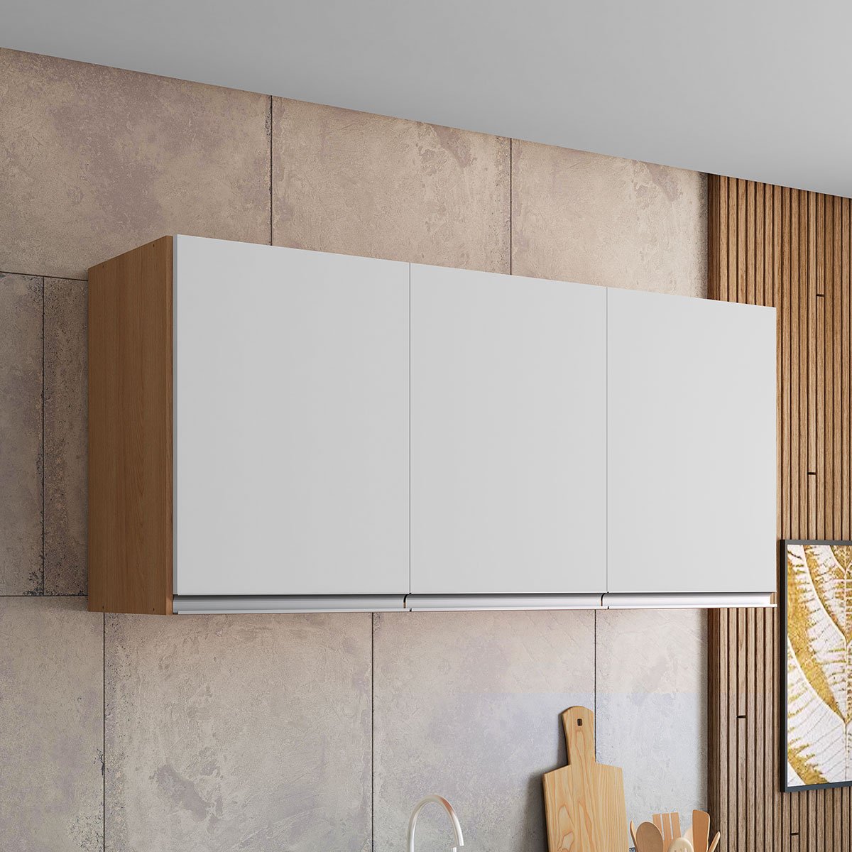 Armário Aéreo para Cozinha 120 cm 3 Portas Adriana Amêndoa/Branco