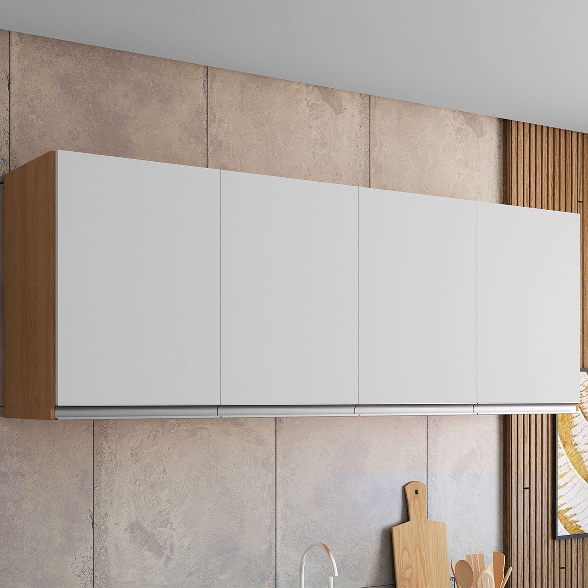 Armário Aéreo para Cozinha 150 cm 4 Portas Adriana Amêndoa/Branco