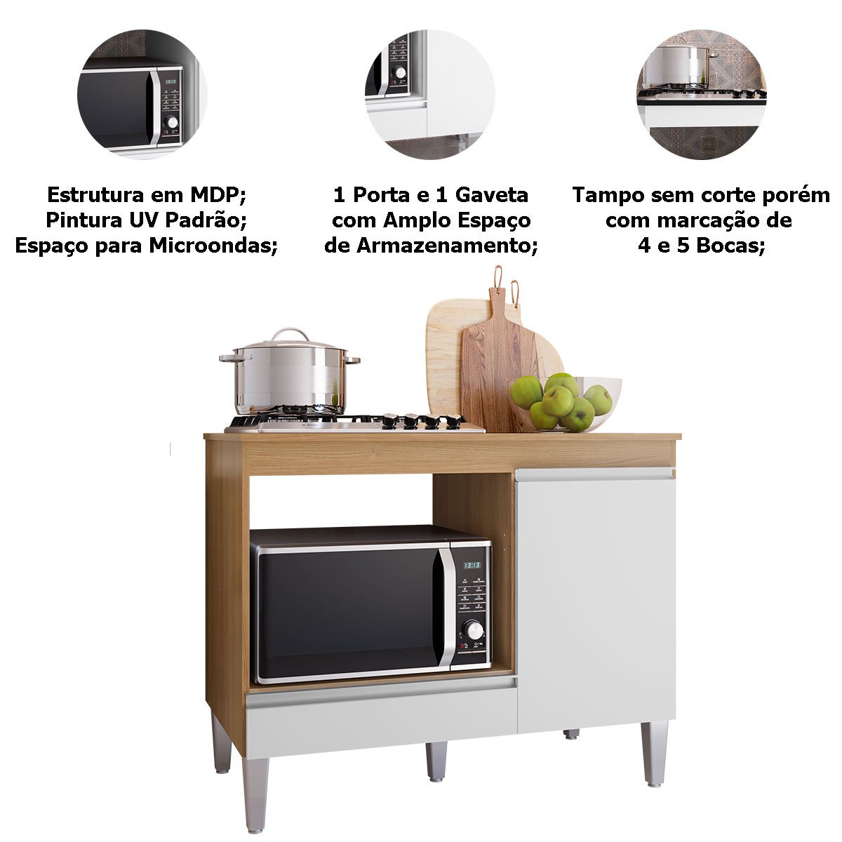 Balcão Para Cooktop 1 Porta 1 Gaveta com Tampo Cátia Amêndoa/Branco