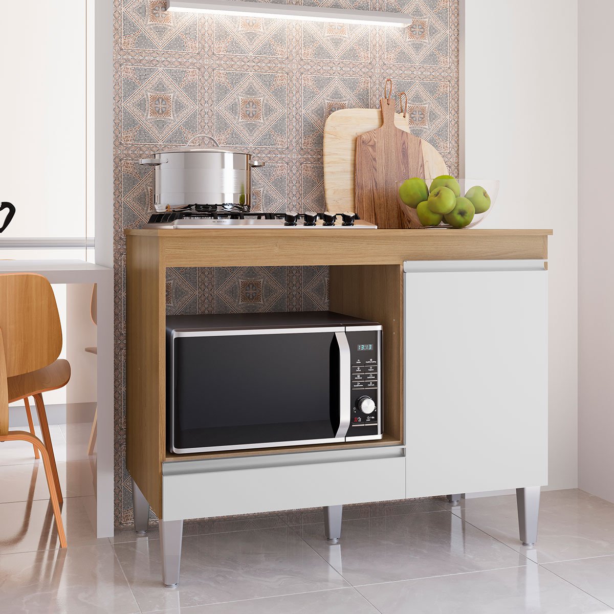 Balcão Para Cooktop 1 Porta 1 Gaveta com Tampo Cátia Amêndoa/Branco