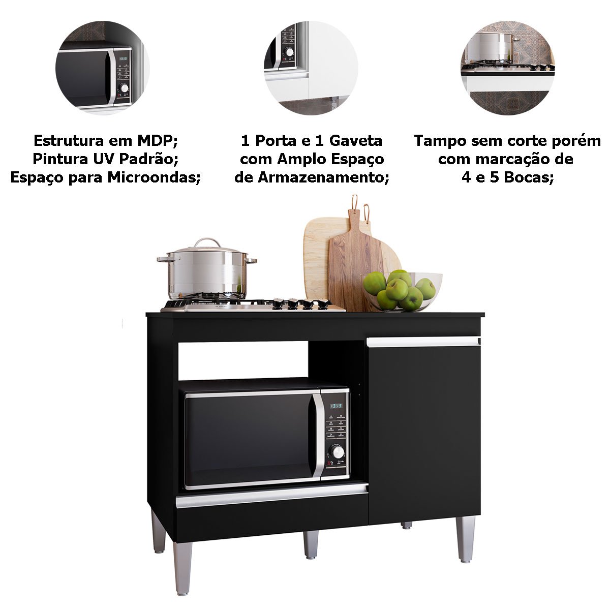 Balcão Para Cooktop 1 Porta 1 Gaveta com Tampo Cátia Preto