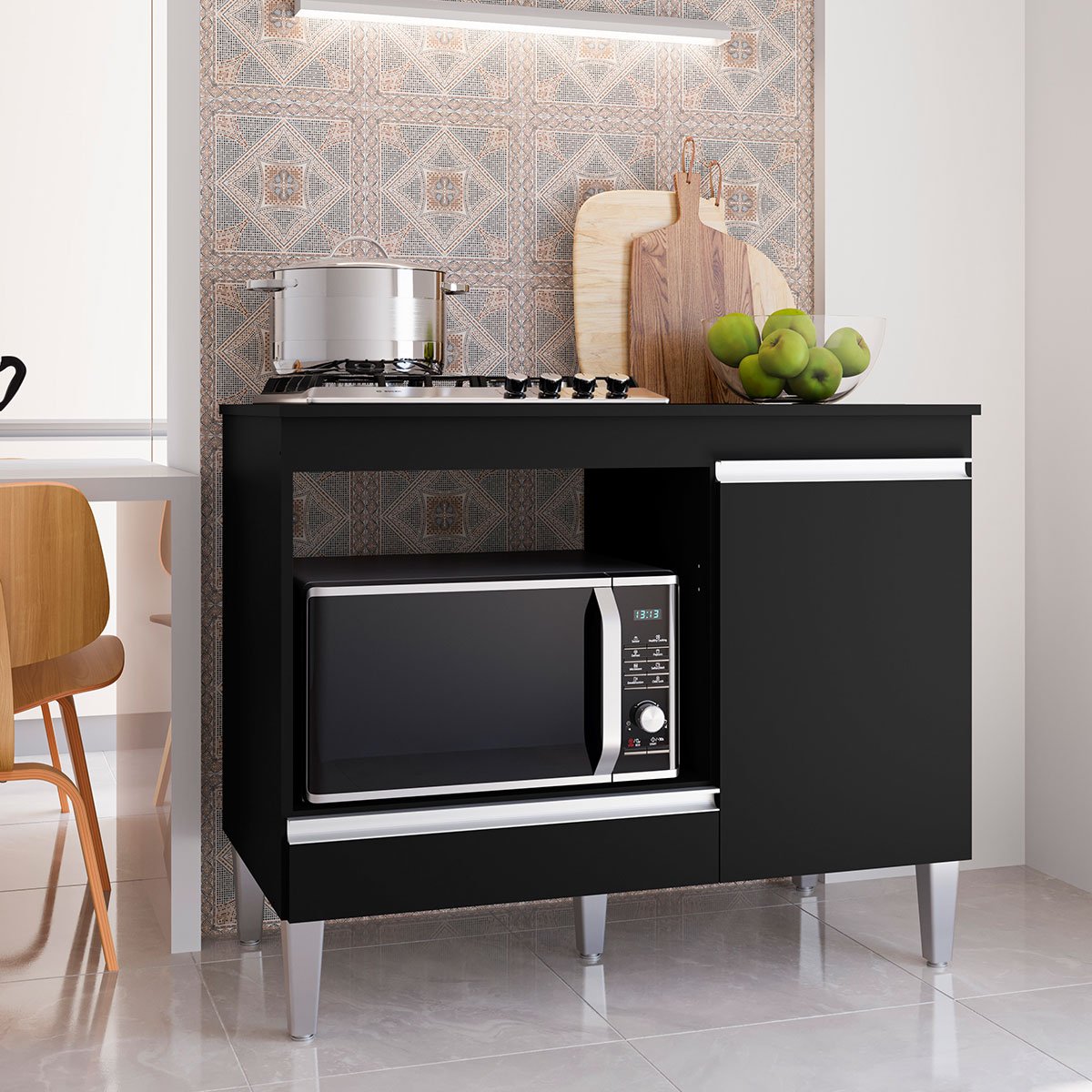 Balcão Para Cooktop 1 Porta 1 Gaveta com Tampo Cátia Preto