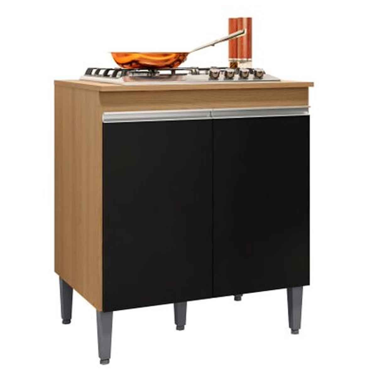 Balcão Para Cooktop Adriana 2 Portas com Tampo Amêndoa/Preto