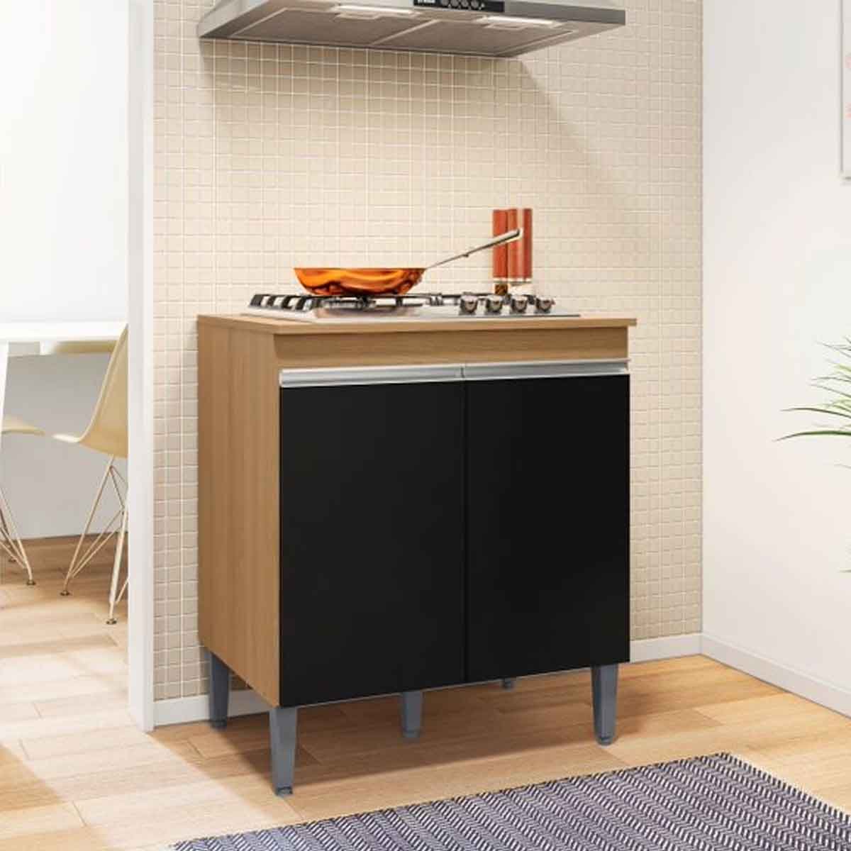 Balcão Para Cooktop Adriana 2 Portas com Tampo Amêndoa/Preto