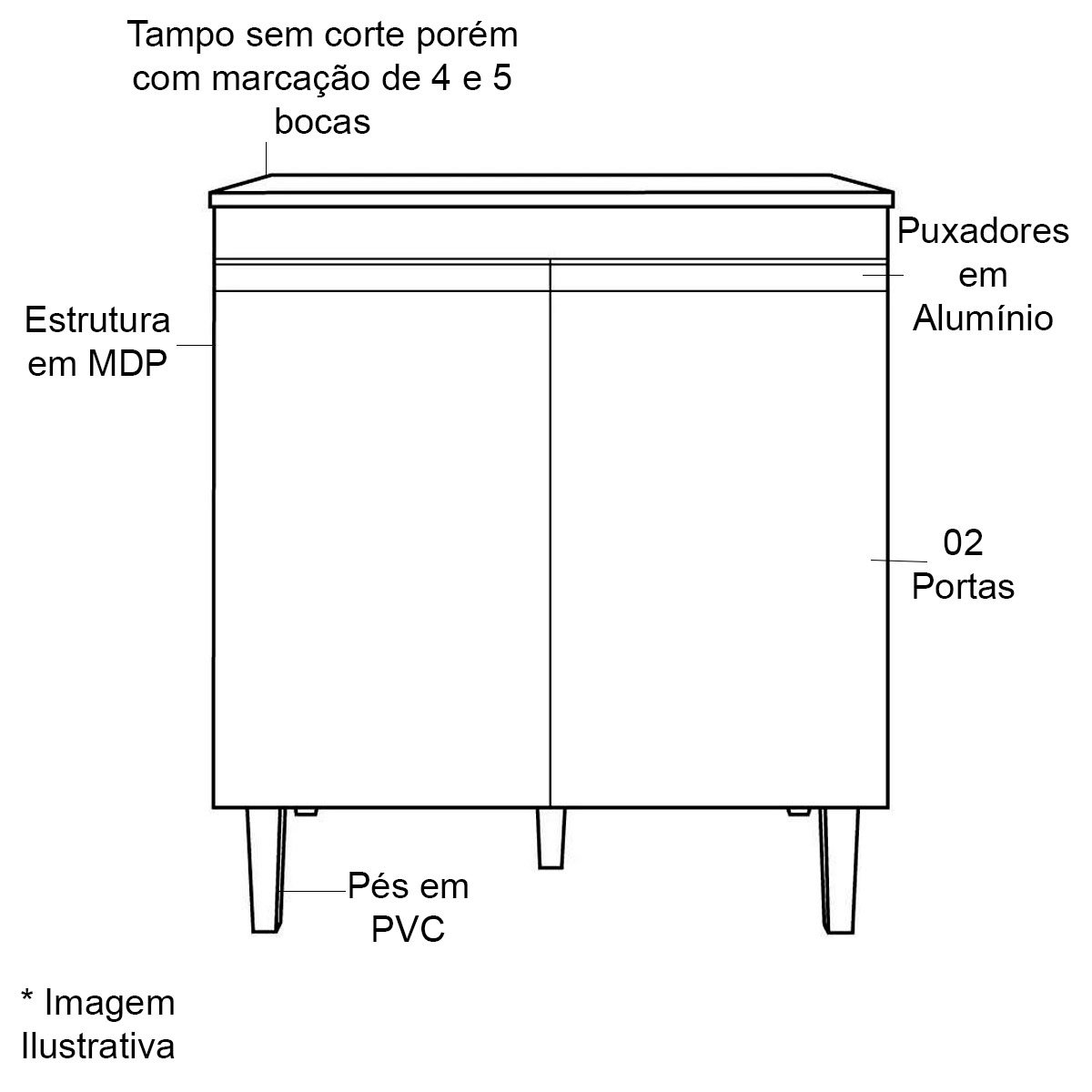 Balcão Para Cooktop Adriana 2 Portas com Tampo Cinza
