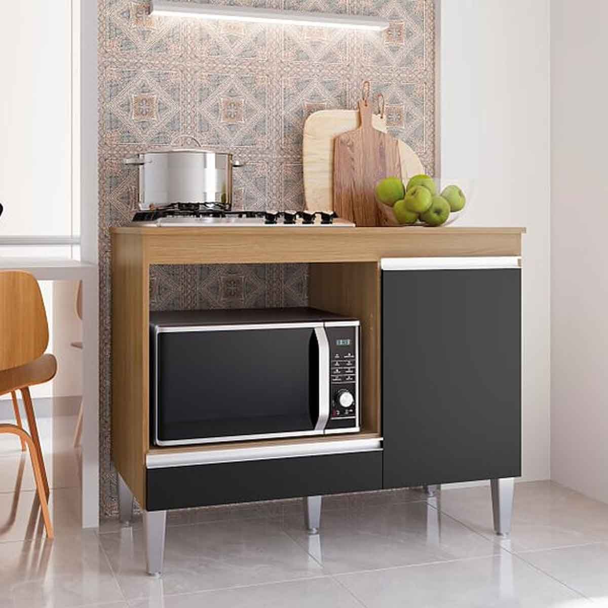 Balcão Para Cooktop Cátia 1 Porta com Tampo Amêndoa/Preto