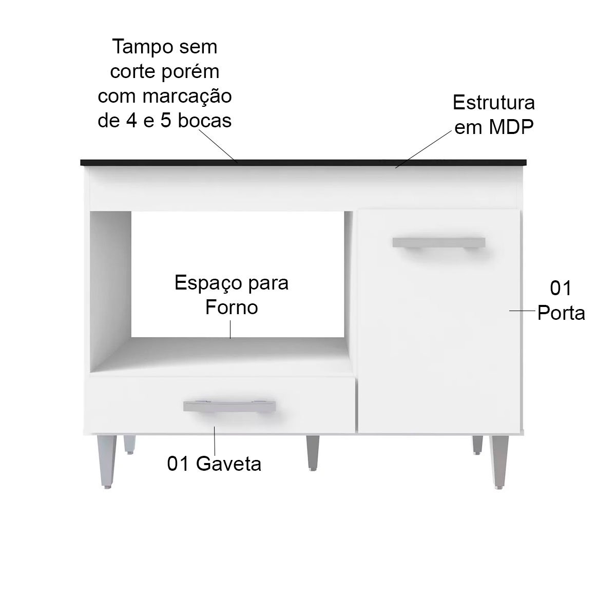 Balcão Para Cooktop Cátia 1 Porta com Tampo Branco