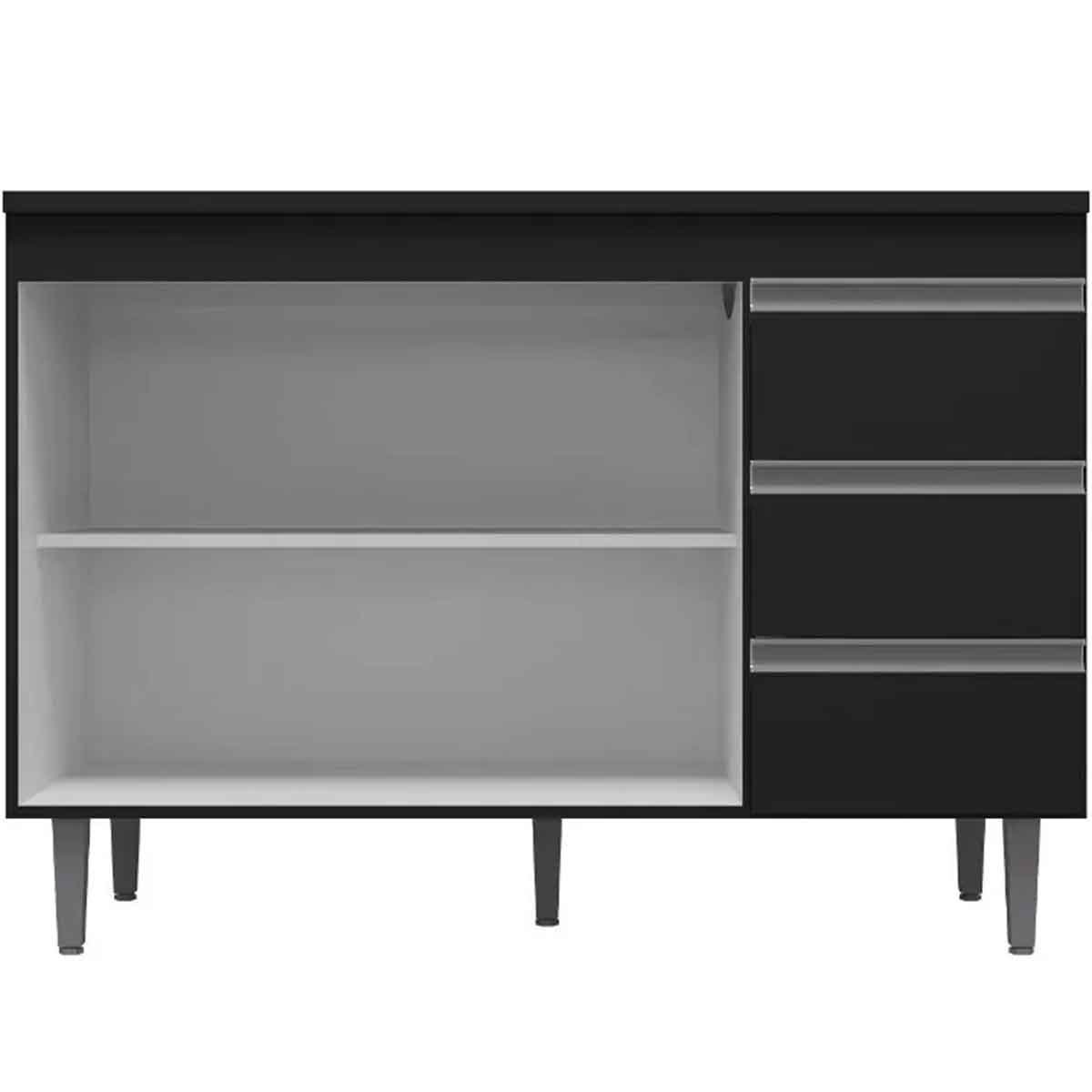 Balcão de Pia 100 cm Adriana 2 Portas 3 Gavetas Preto Fosco