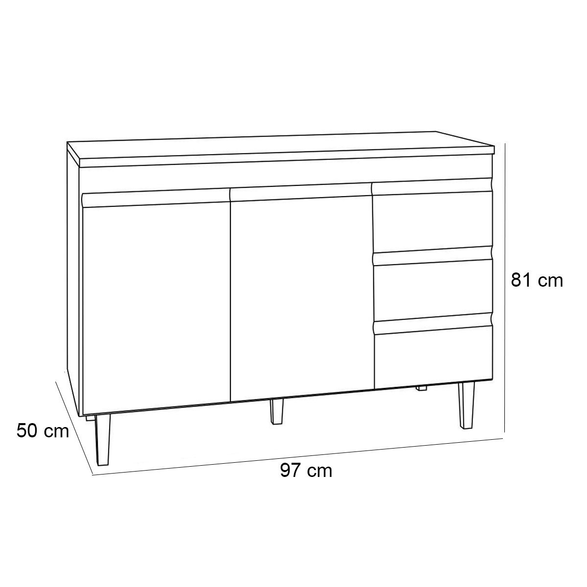 Balcão de Pia 100 cm Adriana 2 Portas 3 Gavetas Preto Fosco