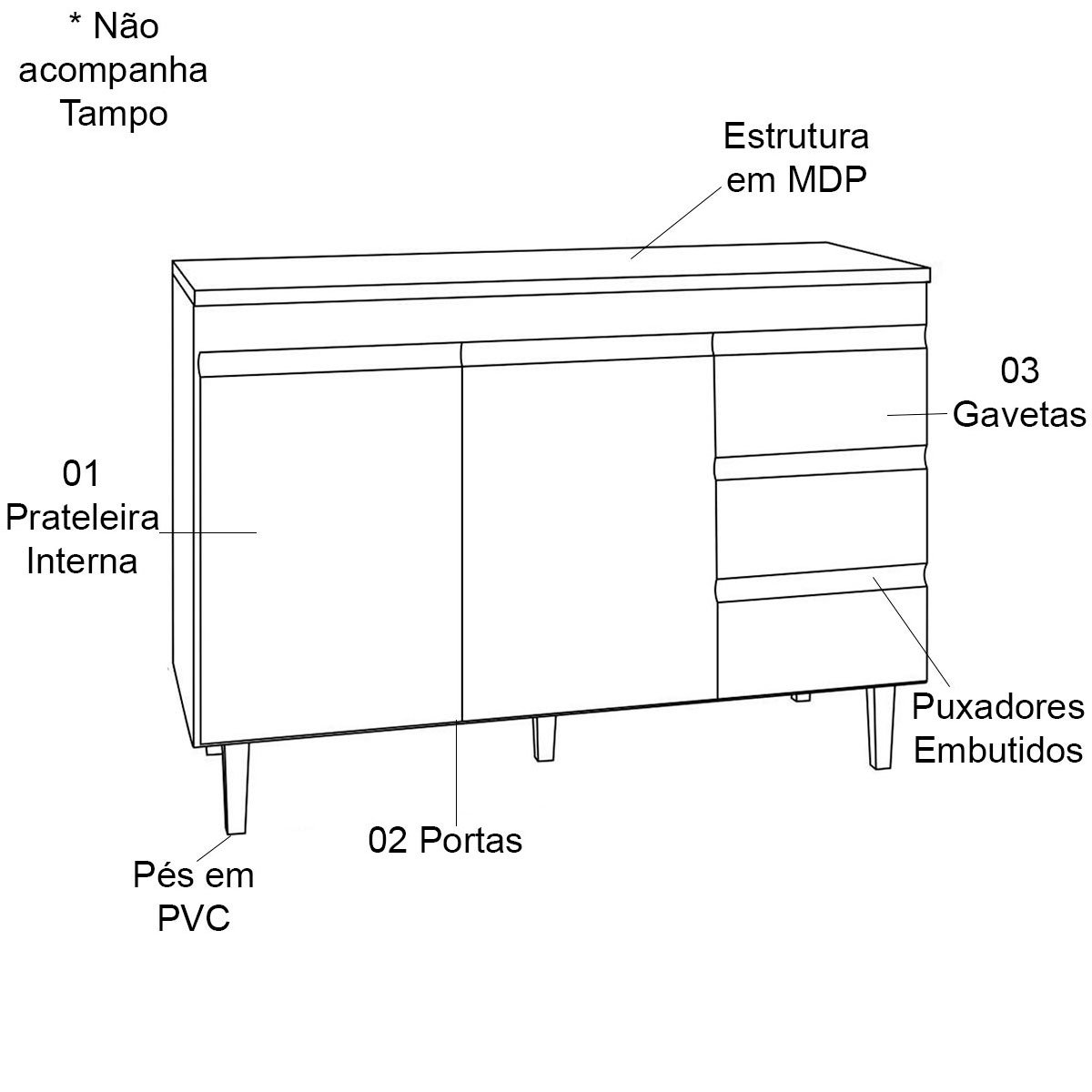Balcão de Pia 100 cm Adriana 2 Portas e 3 Gavetas Cinza
