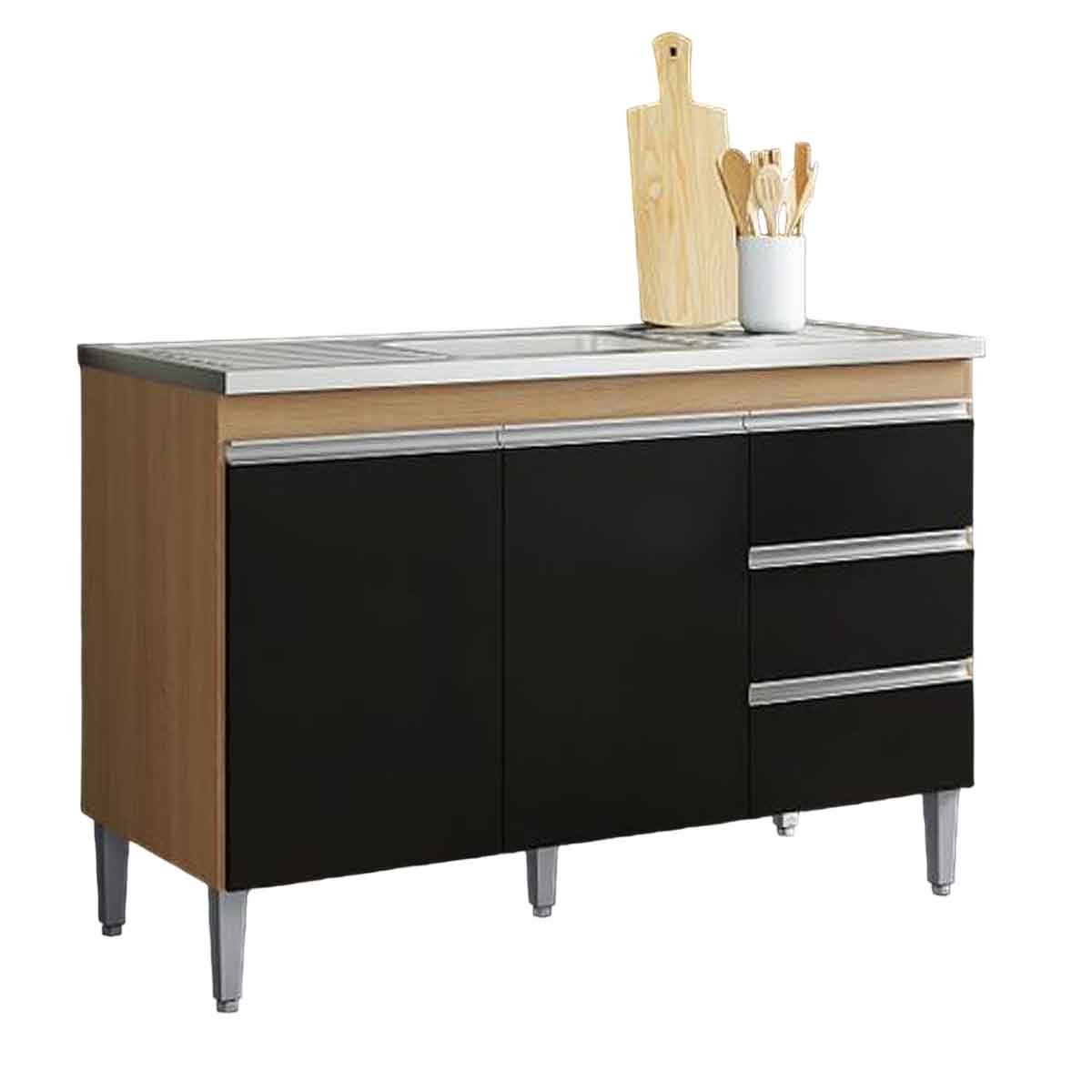 Balcão de Pia 120 cm Adriana 2 Portas e 3 Gavetas Amêndoa/Preto