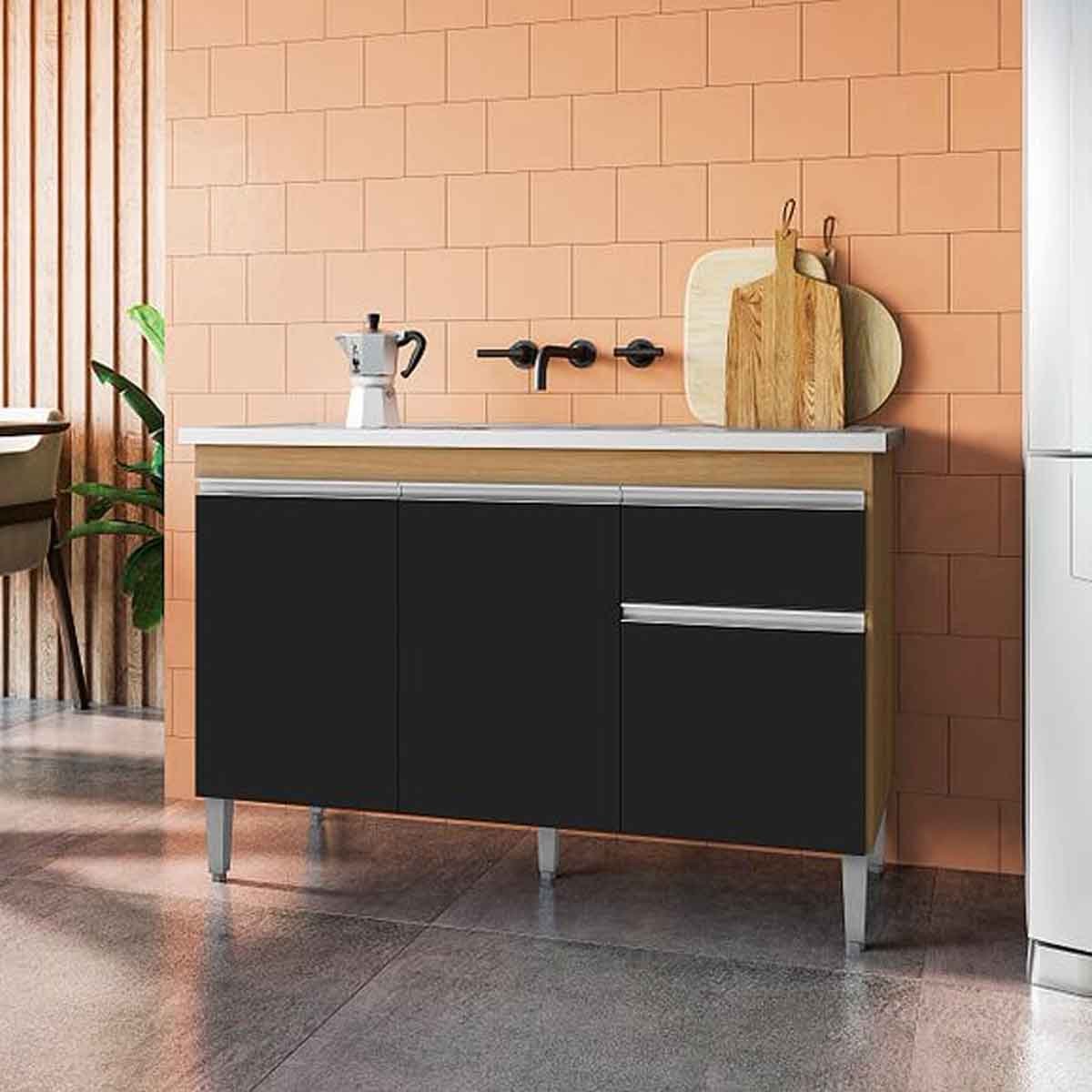 Balcão de Pia 120 cm Talita 3 Portas 1 Gaveta Amêndoa/Preto