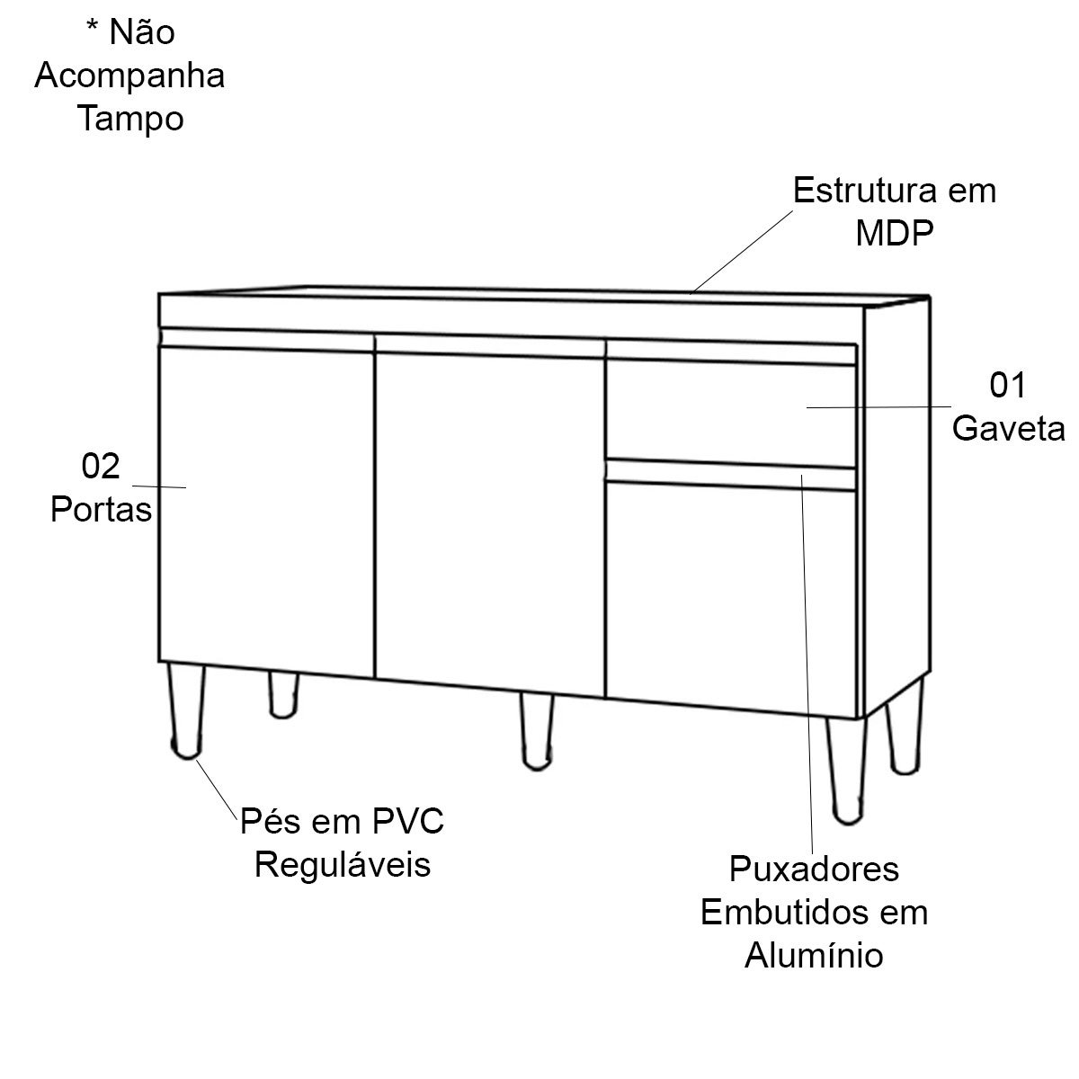 Balcão de Pia 120 cm Talita 3 Portas 1 Gaveta Amêndoa/Preto