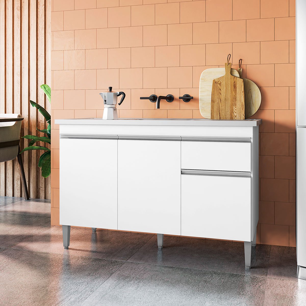 Balcão de Pia 120 cm Talita 3 Portas 1 Gaveta Branco
