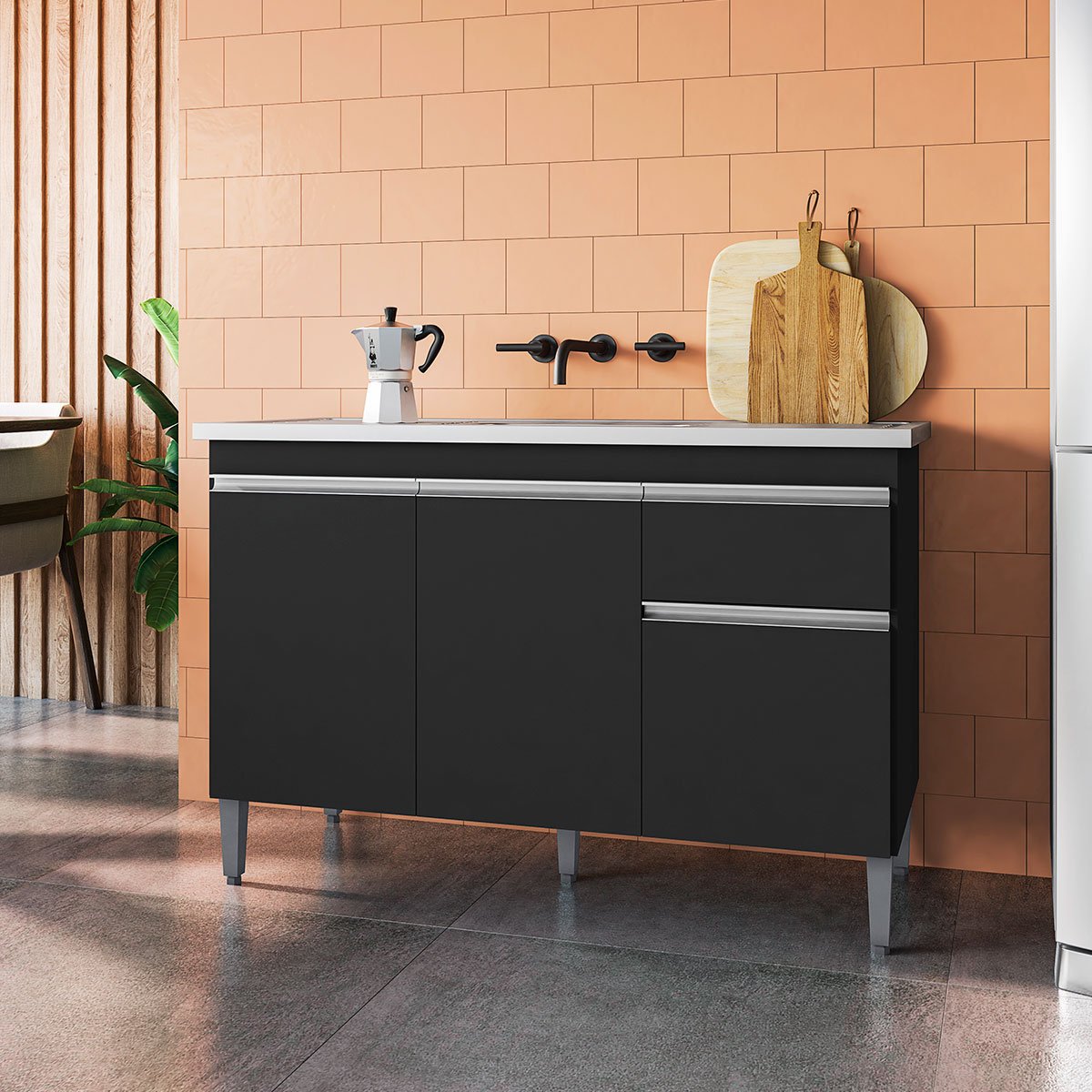 Balcão de Pia 120 cm Talita 3 Portas 1 Gaveta Preto