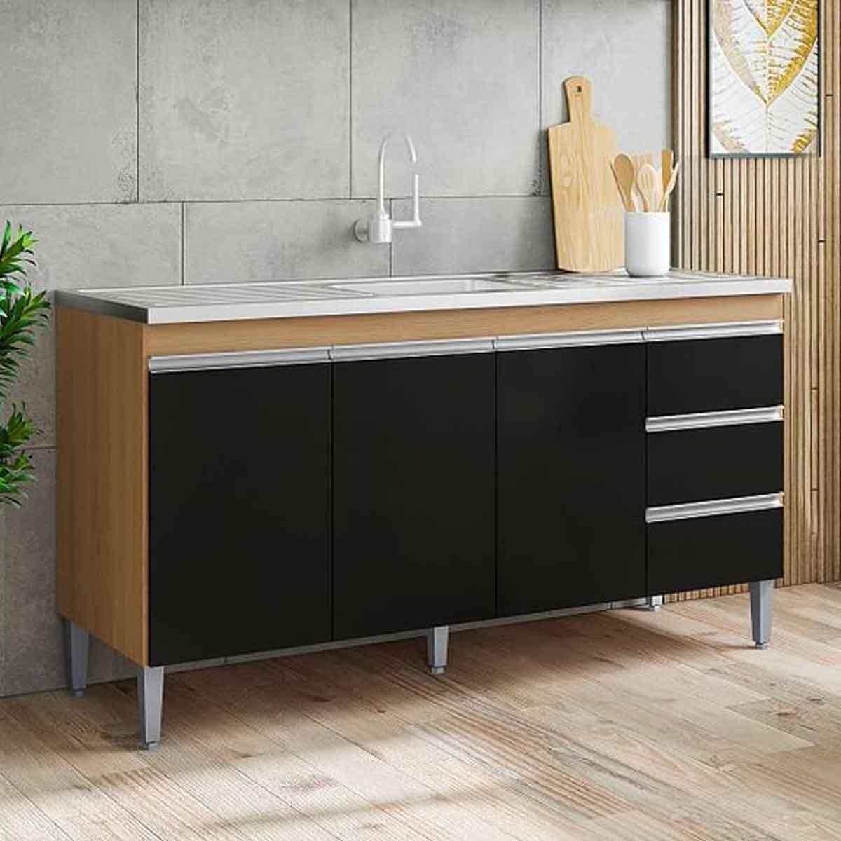 Balcão de Pia 150 cm Adriana 3 Portas 3 Gavetas Amêndoa/Preto