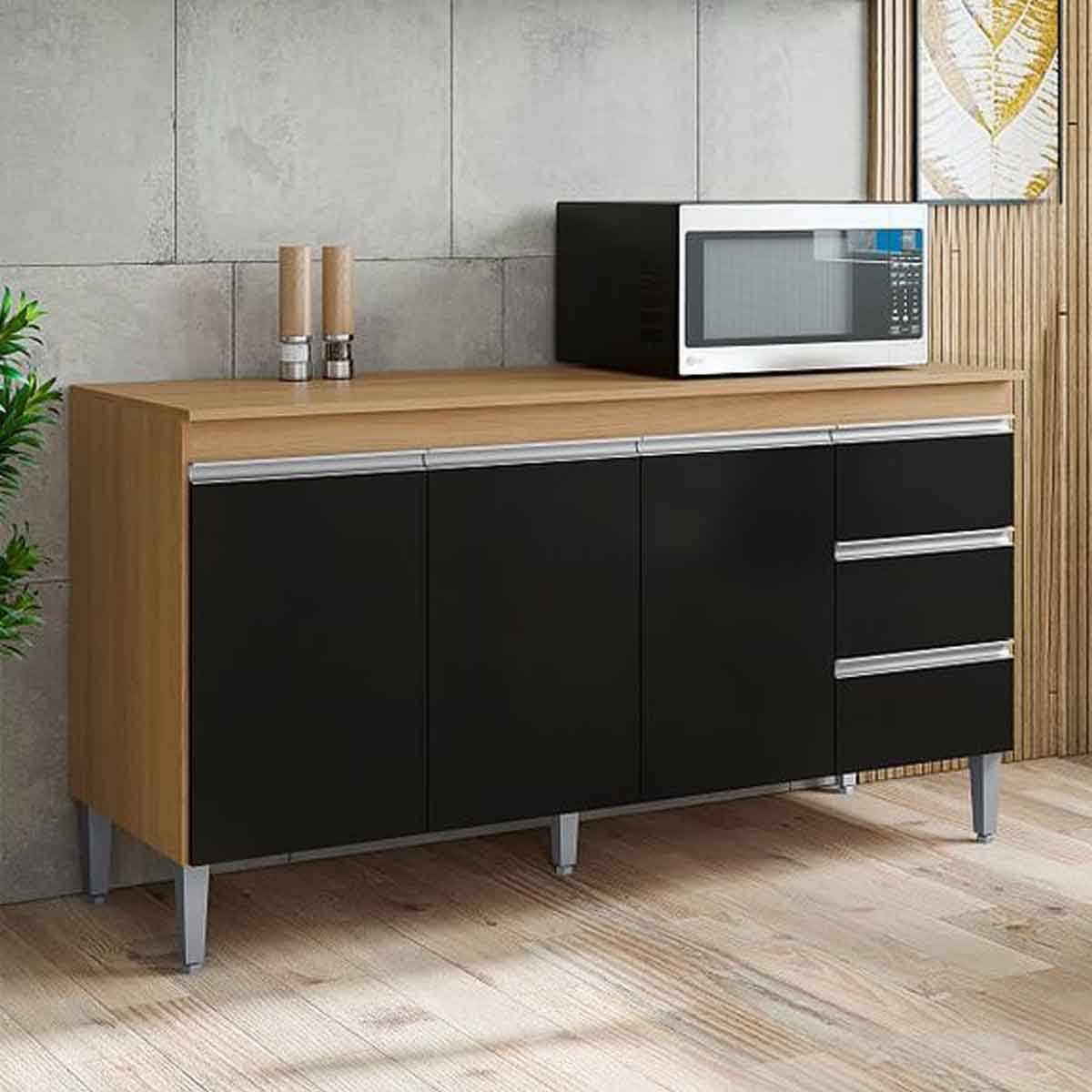 Balcão de Pia 150 cm Adriana 3 Portas 3 Gavetas Amêndoa/Preto