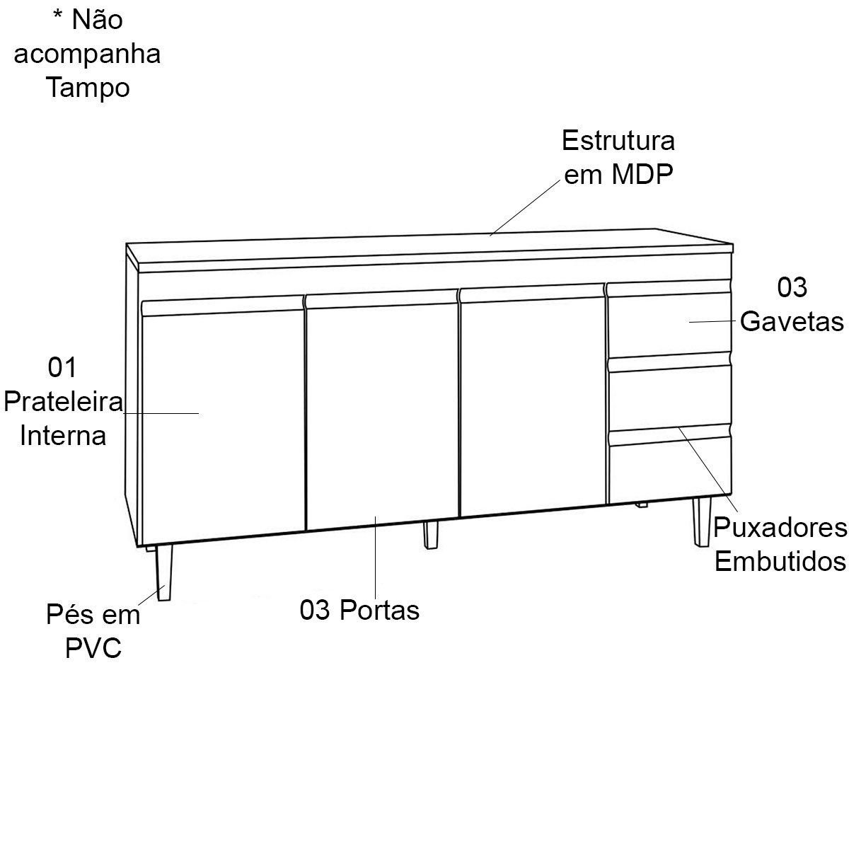 Balcão de Pia 150 cm Adriana 3 Portas 3 Gavetas Amêndoa/Preto