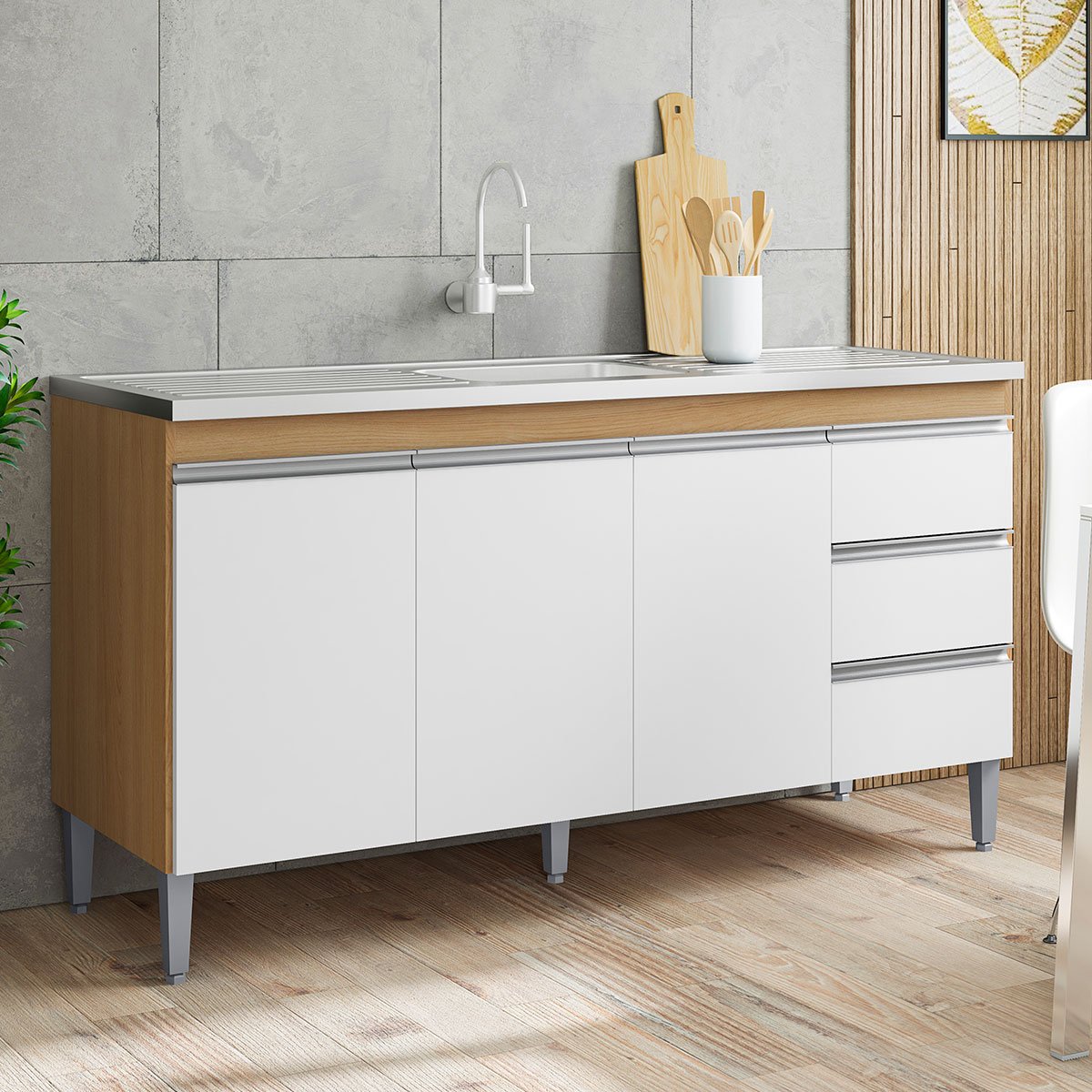Balcão de Pia Sem Tampo 160 cm 3 Portas 3 Gavetas Adriana Amêndoa/Branco