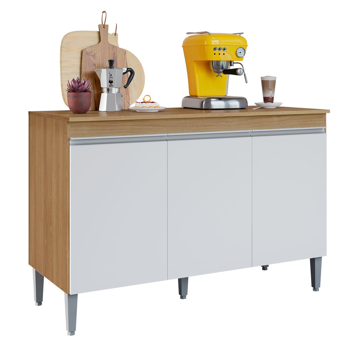 Balcão de Pia para Cozinha 120 cm 3 Portas Kadu Amêndoa/Branco