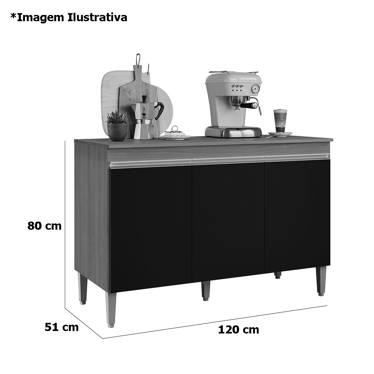 Balcão de Pia para Cozinha 120 cm 3 Portas Kadu Amêndoa/Branco