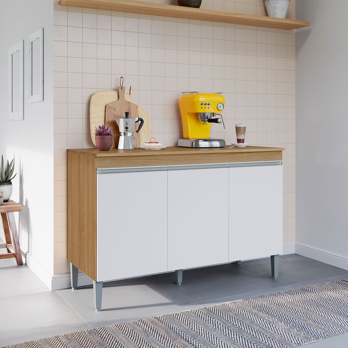 Balcão de Pia para Cozinha 120 cm 3 Portas Kadu Amêndoa/Branco