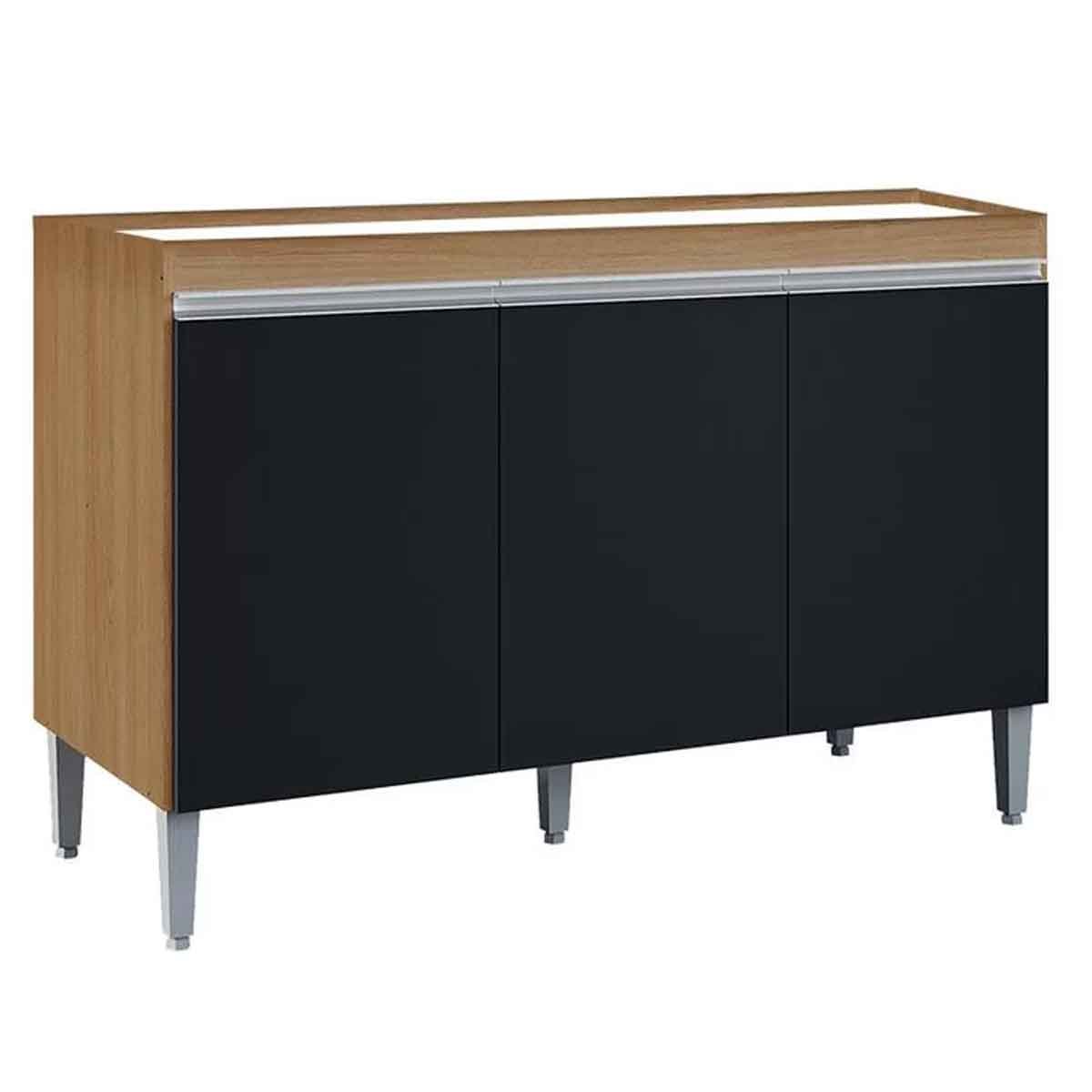 Balcão de Pia para Cozinha 120 cm Kadu 3 Portas  Amêndoa/Preto