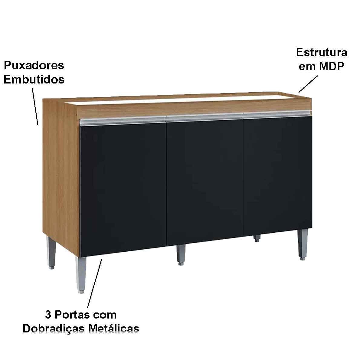 Balcão de Pia para Cozinha 120 cm Kadu 3 Portas  Amêndoa/Preto