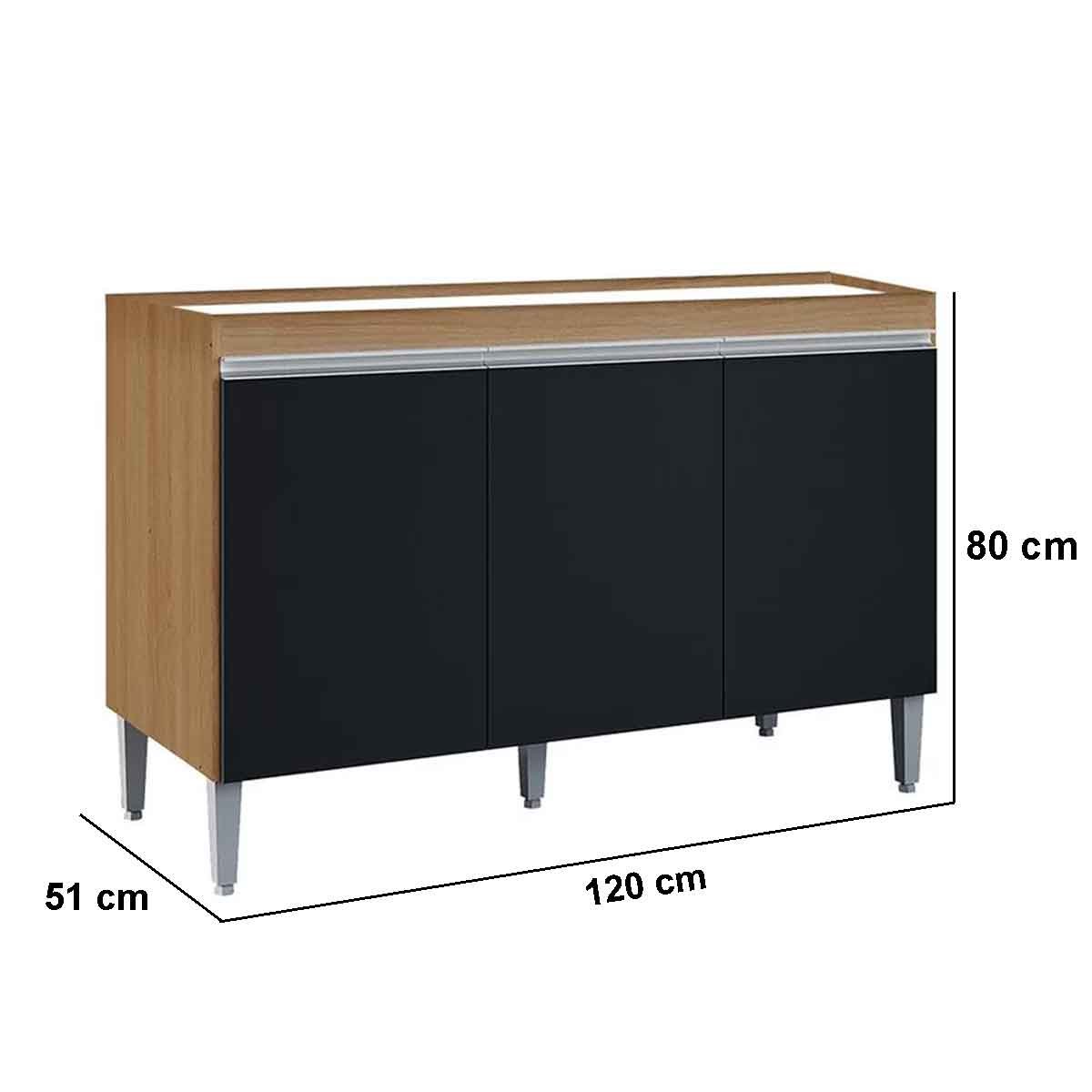 Balcão de Pia para Cozinha 120 cm Kadu 3 Portas  Amêndoa/Preto