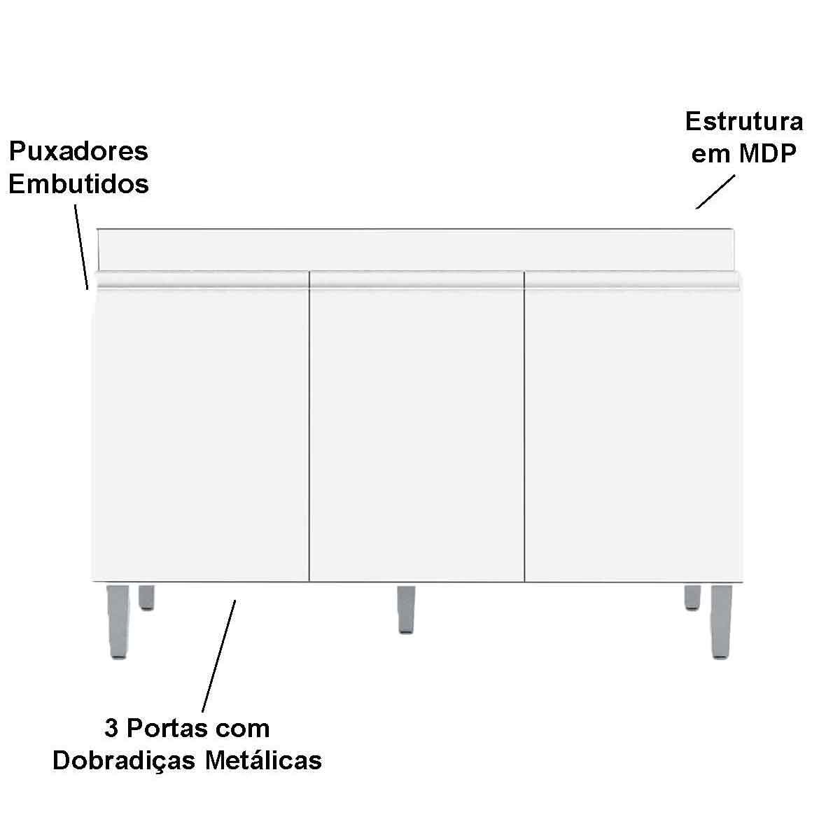 Balcão de Pia para Cozinha 120 cm Kadu 3 Portas  Branco