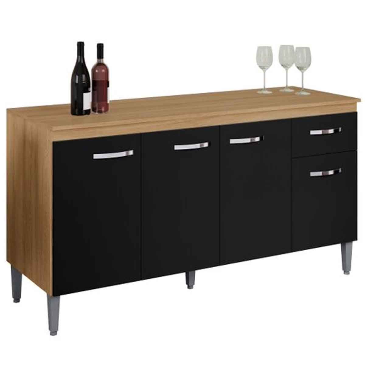 Balcão de Pia para Cozinha 150 cm Graziela 4 Portas 1 Gaveta Amêndoa/Preto