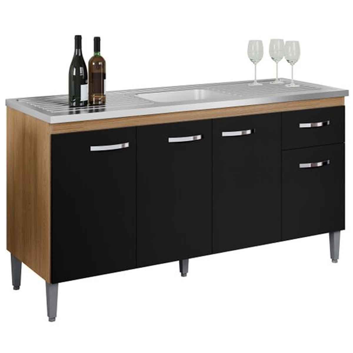 Balcão de Pia para Cozinha 150 cm Graziela 4 Portas 1 Gaveta Amêndoa/Preto