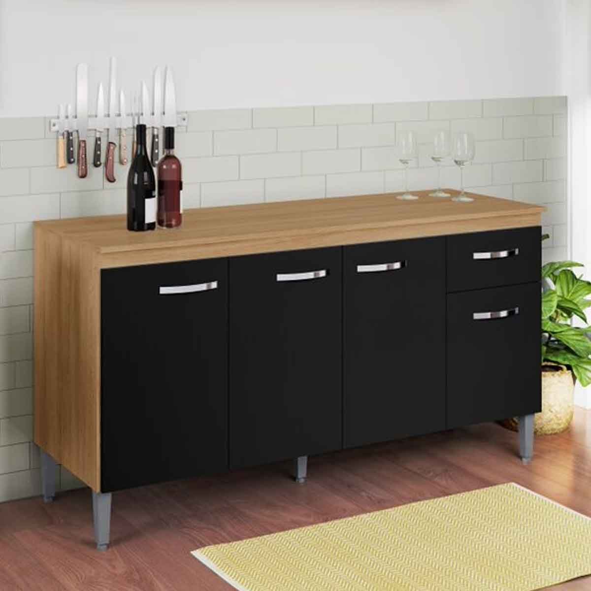 Balcão de Pia para Cozinha 150 cm Graziela 4 Portas 1 Gaveta Amêndoa/Preto