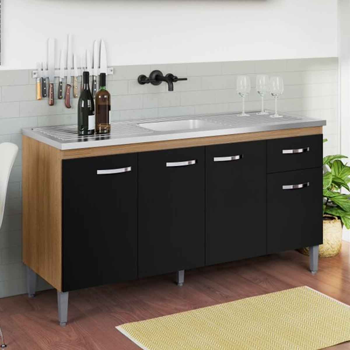 Balcão de Pia para Cozinha 150 cm Graziela 4 Portas 1 Gaveta Amêndoa/Preto