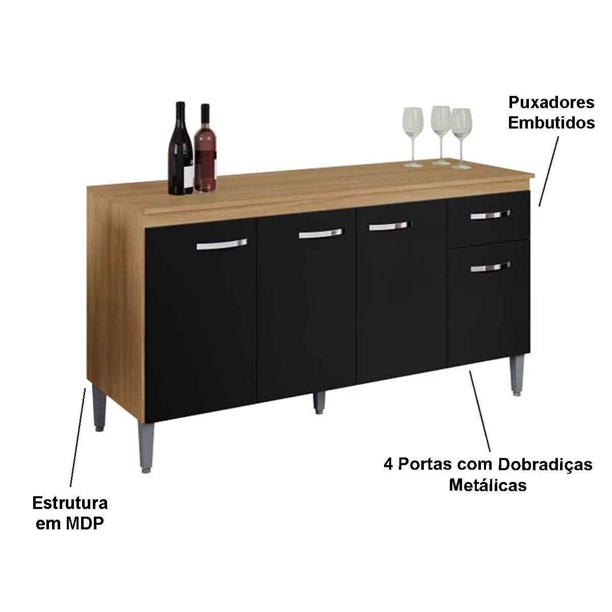 Balcão de Pia para Cozinha 150 cm Graziela 4 Portas 1 Gaveta Amêndoa/Preto