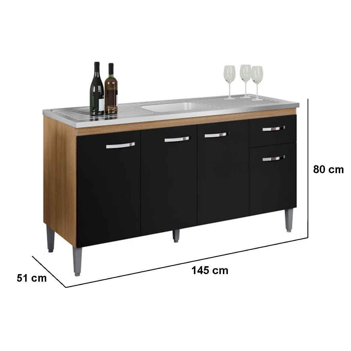 Balcão de Pia para Cozinha 150 cm Graziela 4 Portas 1 Gaveta Amêndoa/Preto