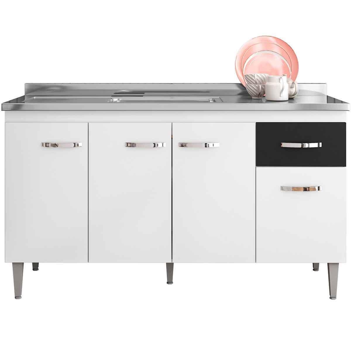 Balcão de Pia para Cozinha 150 cm Graziela 4 Portas 1 Gaveta Branco/Preto