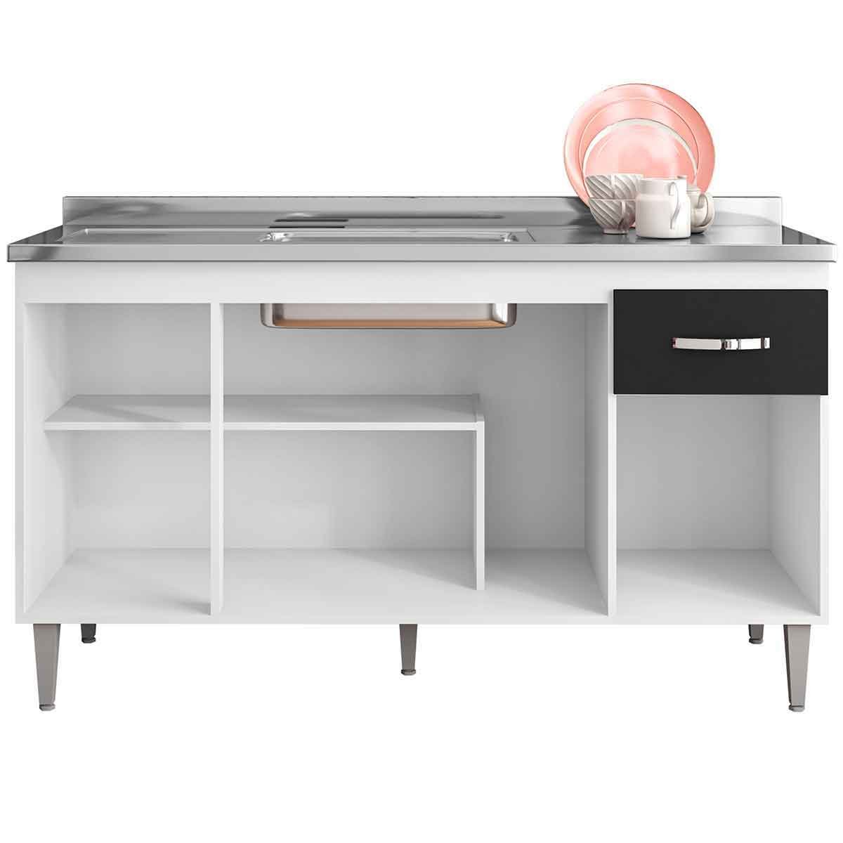 Balcão de Pia para Cozinha 150 cm Graziela 4 Portas 1 Gaveta Branco/Preto