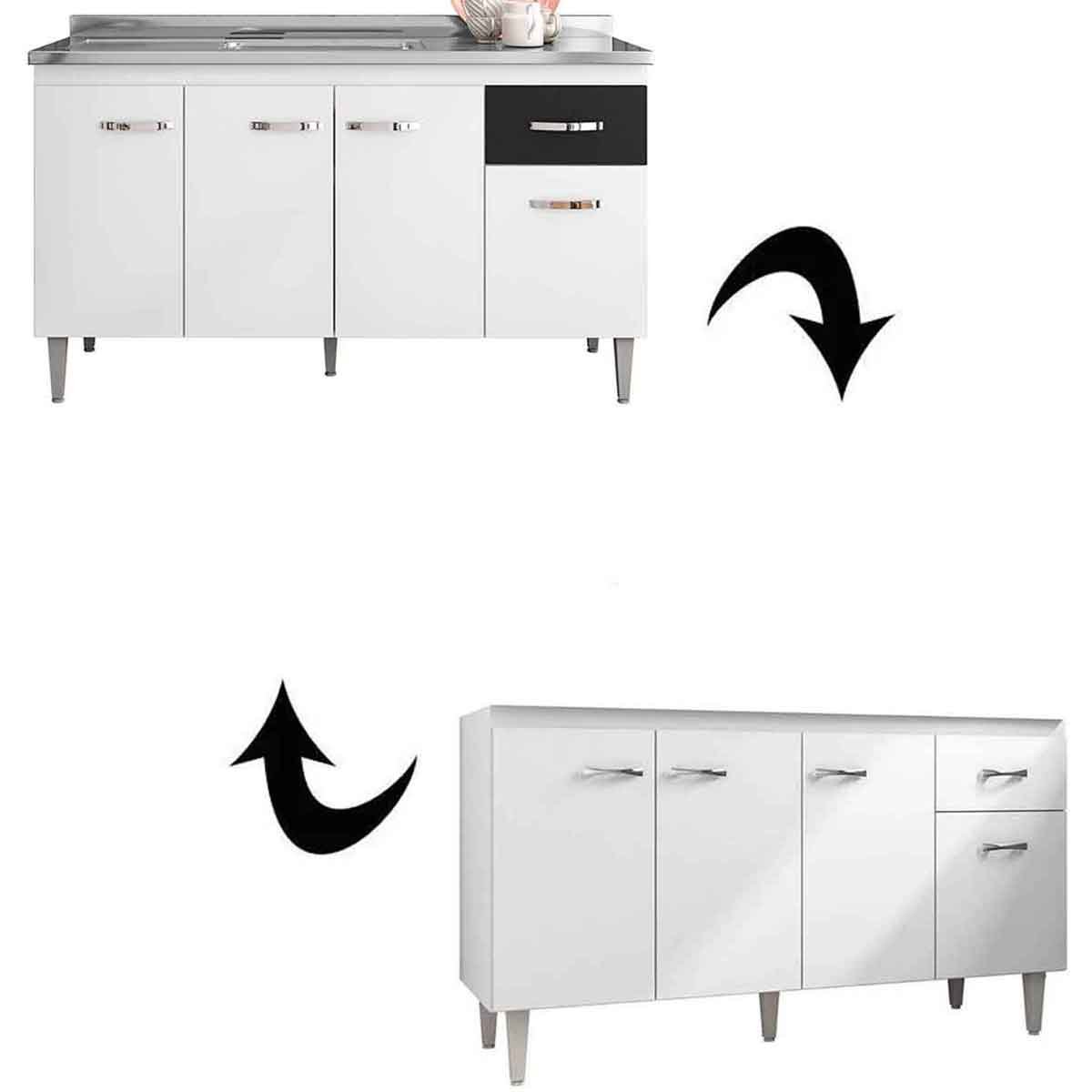 Balcão de Pia para Cozinha 150 cm Graziela 4 Portas 1 Gaveta Branco/Preto