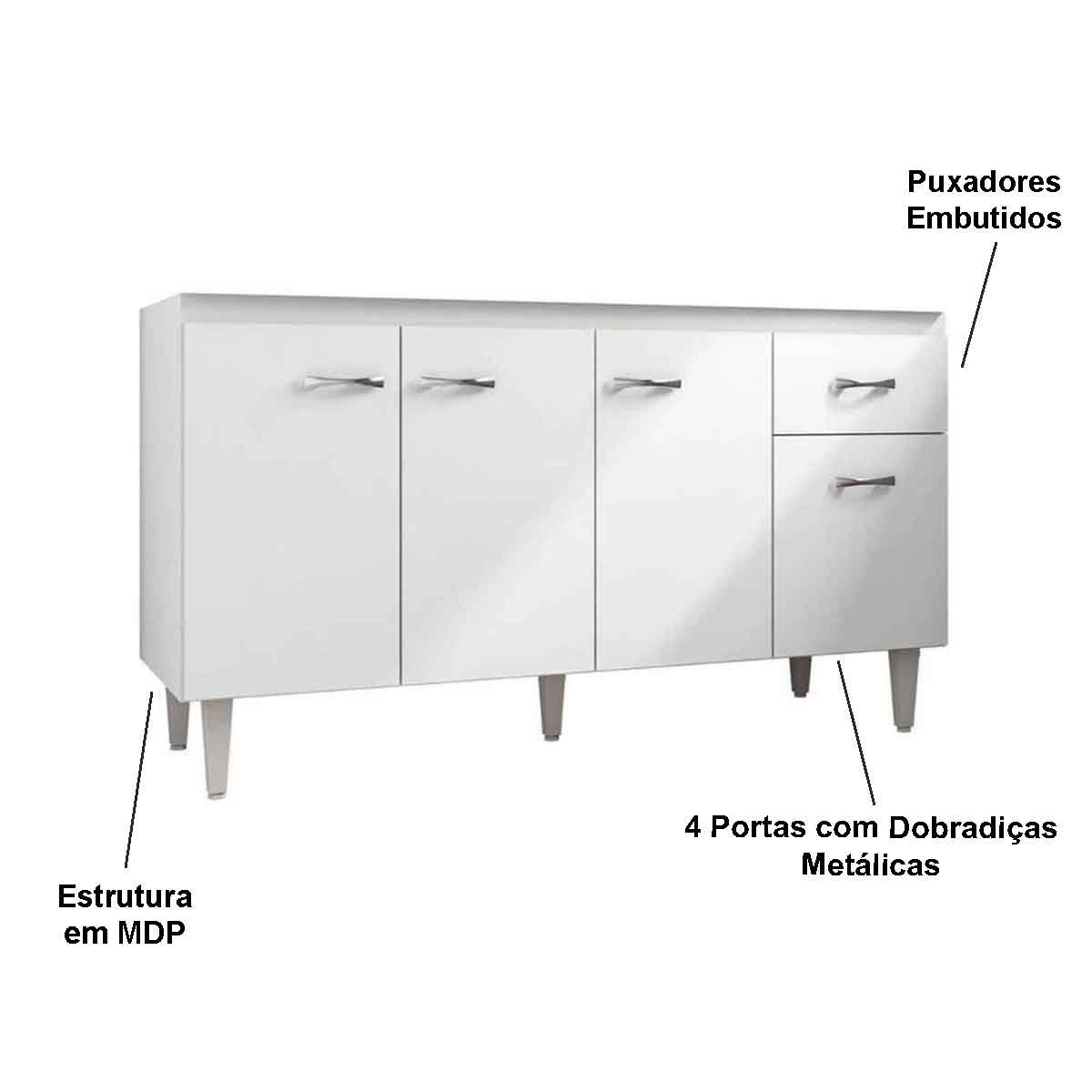 Balcão de Pia para Cozinha 150 cm Graziela 4 Portas 1 Gaveta Branco/Preto