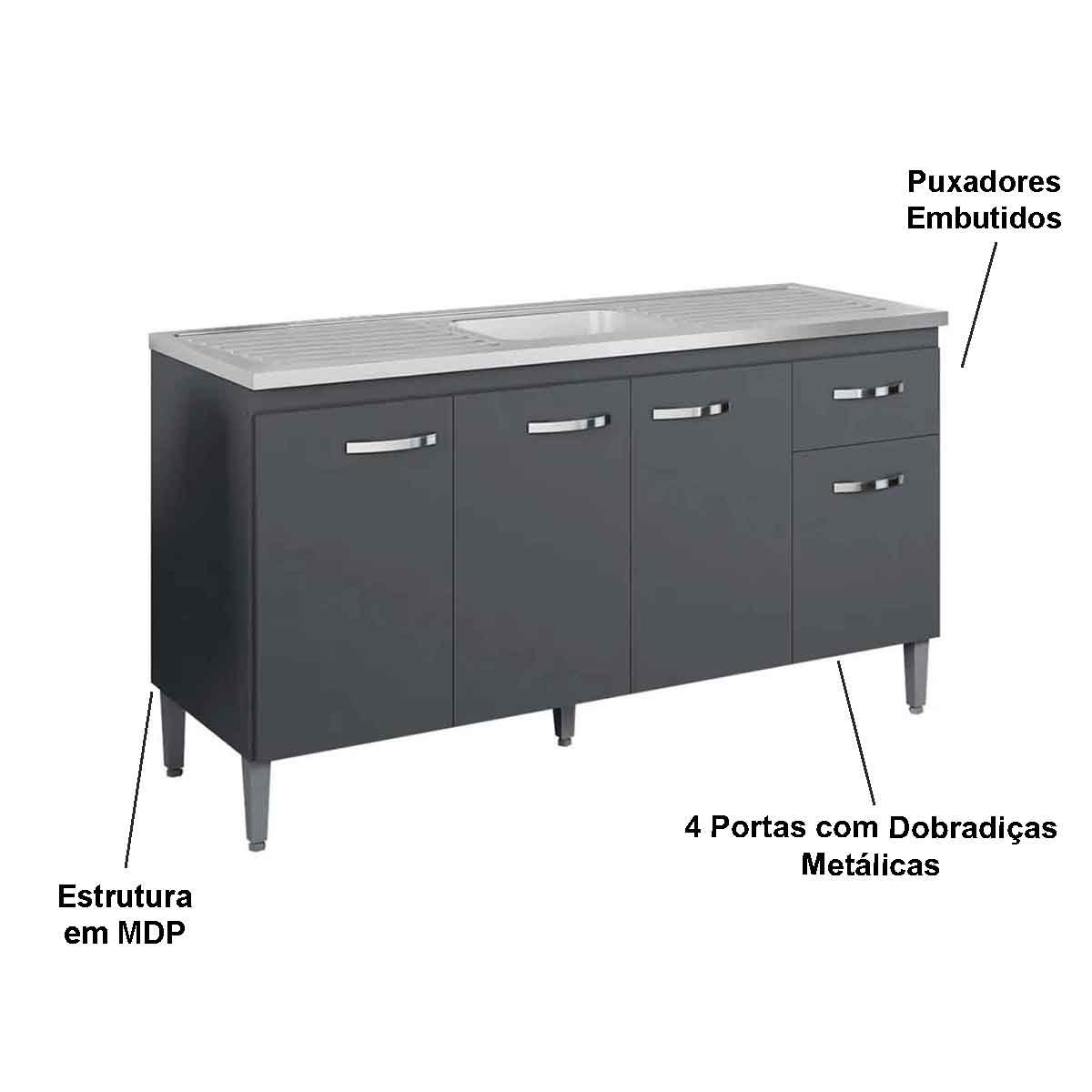 Balcão de Pia para Cozinha 150 cm Graziela 4 Portas 1 Gaveta Cinza