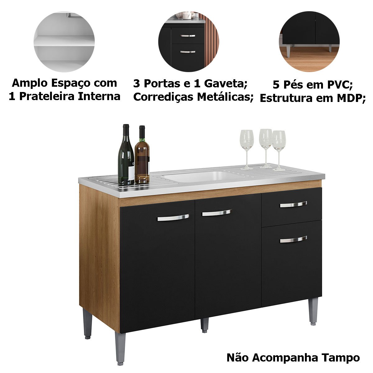 Balcão de Pia sem Tampo 120 cm 3 Portas 1 Gaveta Graziela Amêndoa/Preto