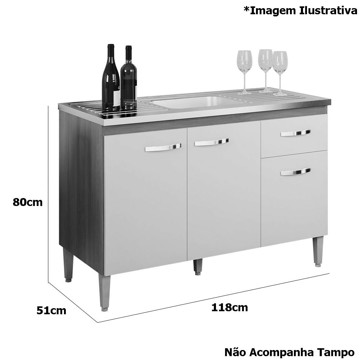 Balcão de Pia sem Tampo 120 cm 3 Portas 1 Gaveta Graziela Amêndoa/Preto