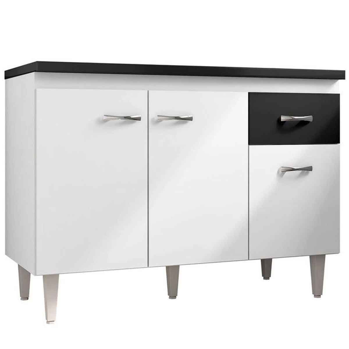 Balcão de Pia sem Tampo 120 cm 3 Portas 1 Gaveta Graziela Branco/Preto
