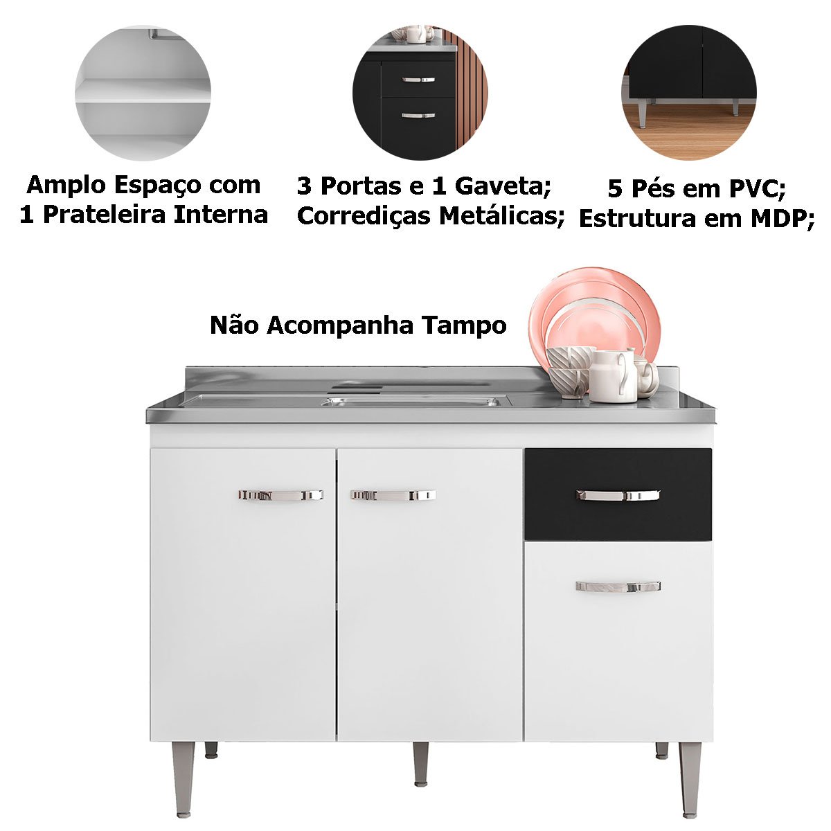 Balcão de Pia sem Tampo 120 cm 3 Portas 1 Gaveta Graziela Branco/Preto